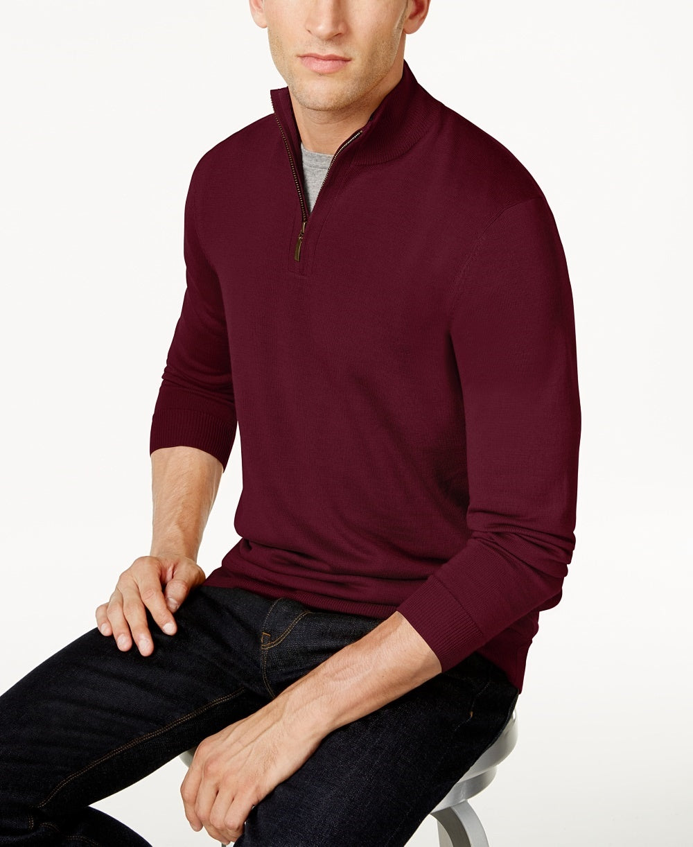 Suéter masculino Club Room com zíper de um quarto, mistura de lã merino, roxo, tamanho médio