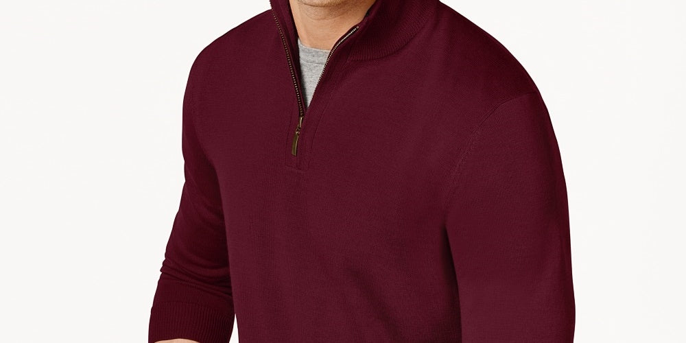 Suéter masculino Club Room com zíper de um quarto, mistura de lã merino, roxo, tamanho médio