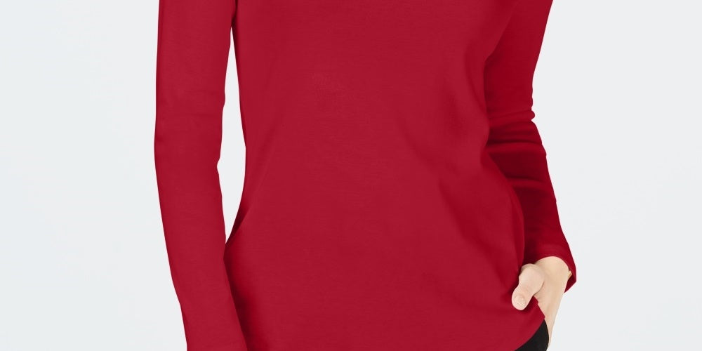 Camiseta feminina Charter Club de algodão com gola alta, tamanho médio, vermelha, tamanho X-S