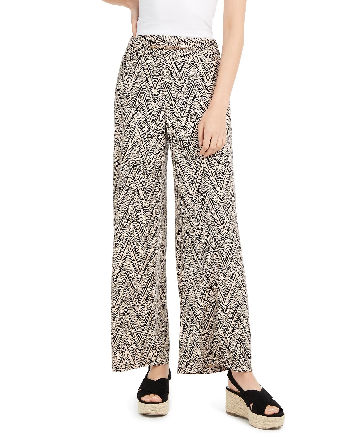 Calça feminina estampada com acabamento em ferragens, tamanho pequeno, bege-cáqui, tamanho pequeno, médio, da coleção Ny