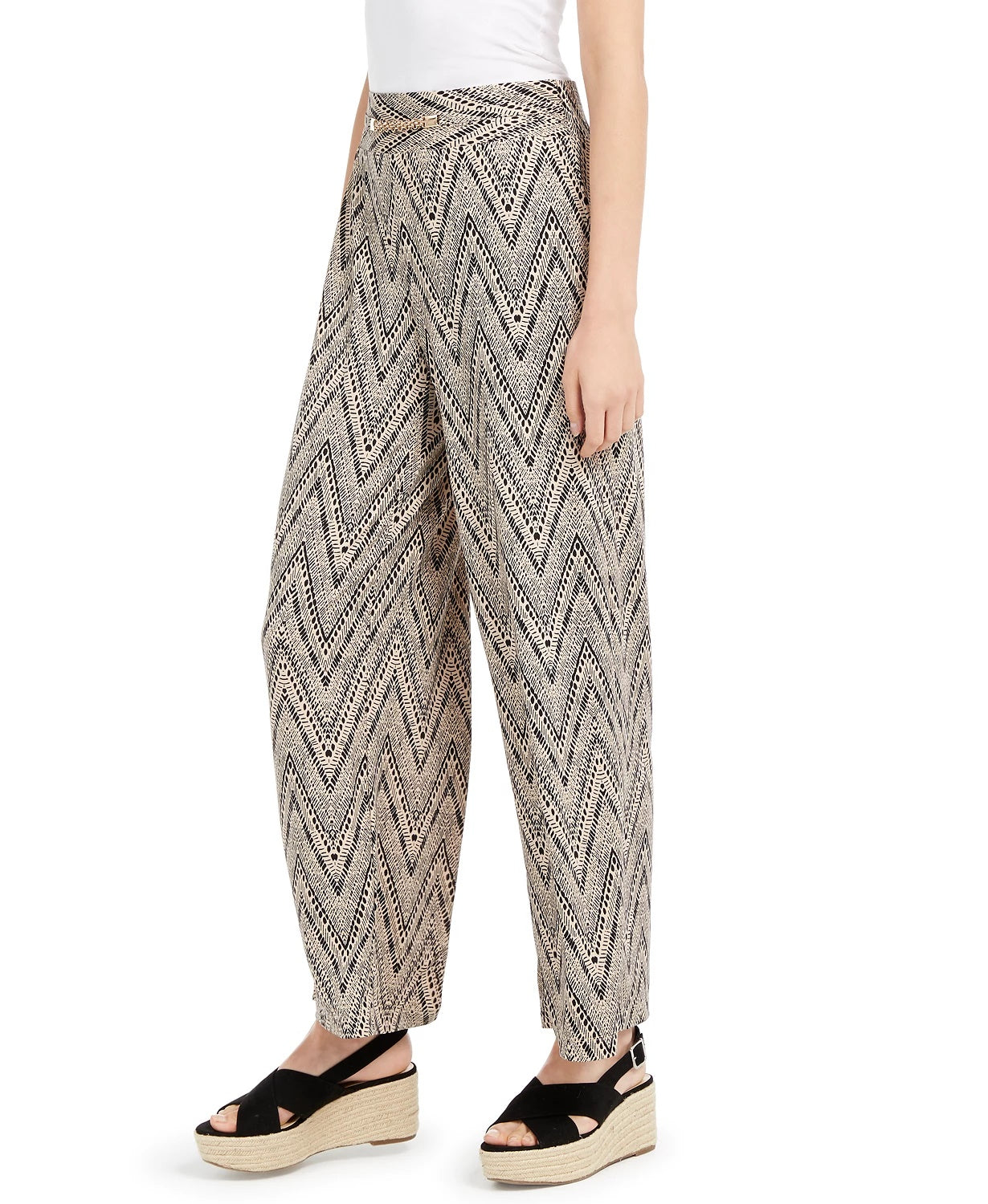 Calça feminina estampada com acabamento em ferragens, tamanho pequeno, bege-cáqui, tamanho pequeno, médio, da coleção Ny