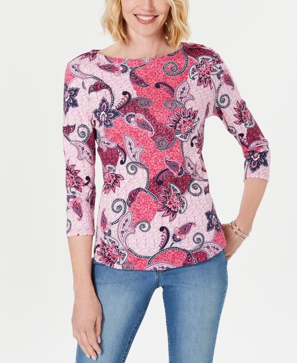 Blusa feminina Charter Club de algodão estampado com manga 3/4, rosa, tamanho pequeno