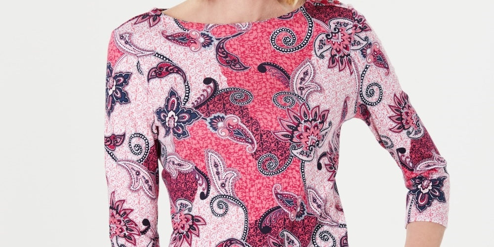 Blusa feminina Charter Club de algodão estampado com manga 3/4, rosa, tamanho pequeno