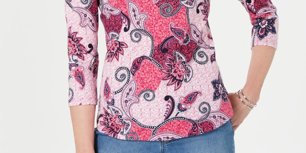 Blusa feminina Charter Club de algodão estampado com manga 3/4, rosa, tamanho pequeno
