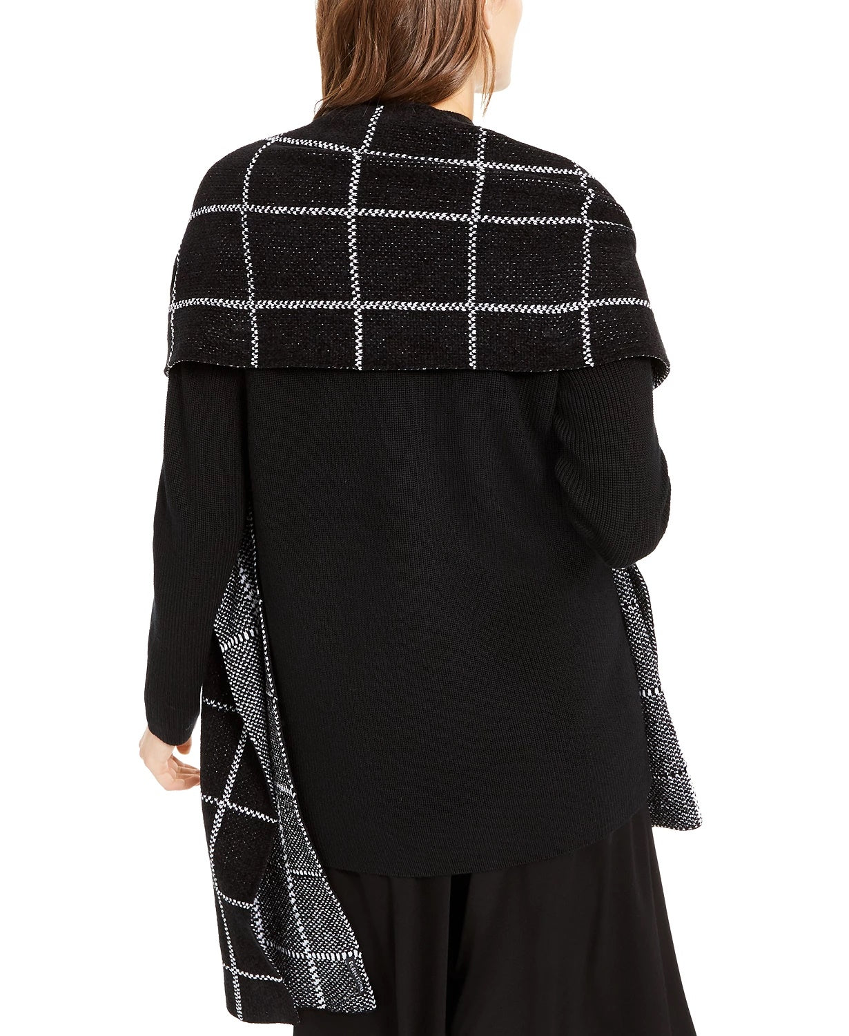 Cachecol xadrez feminino Eileen Fisher de algodão orgânico, preto, tamanho regular