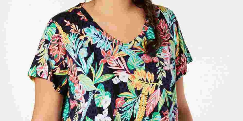 Camiseta Calvin Klein Performance Feminina Plus Size Cotton Island Estampada Cheetah Azul Marinho Vários Tamanhos 1X