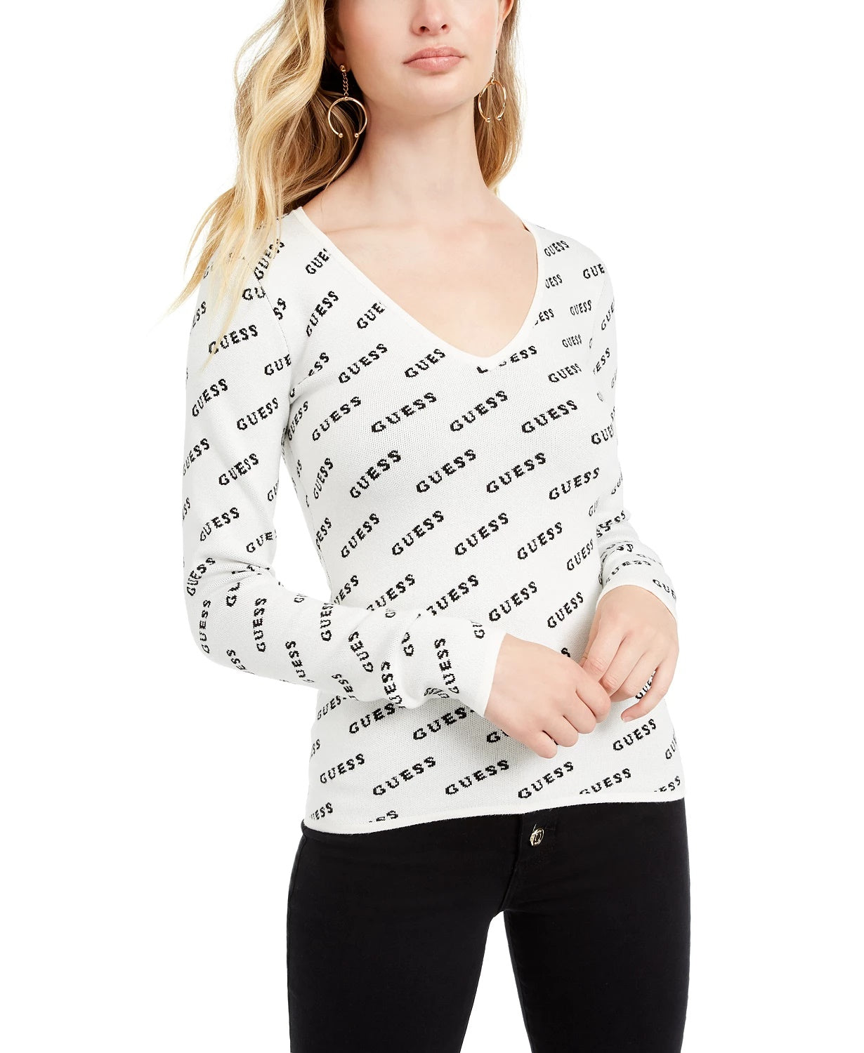 Suéter Guess Feminino com Decote em V e Logotipo Marrom Tamanho XS