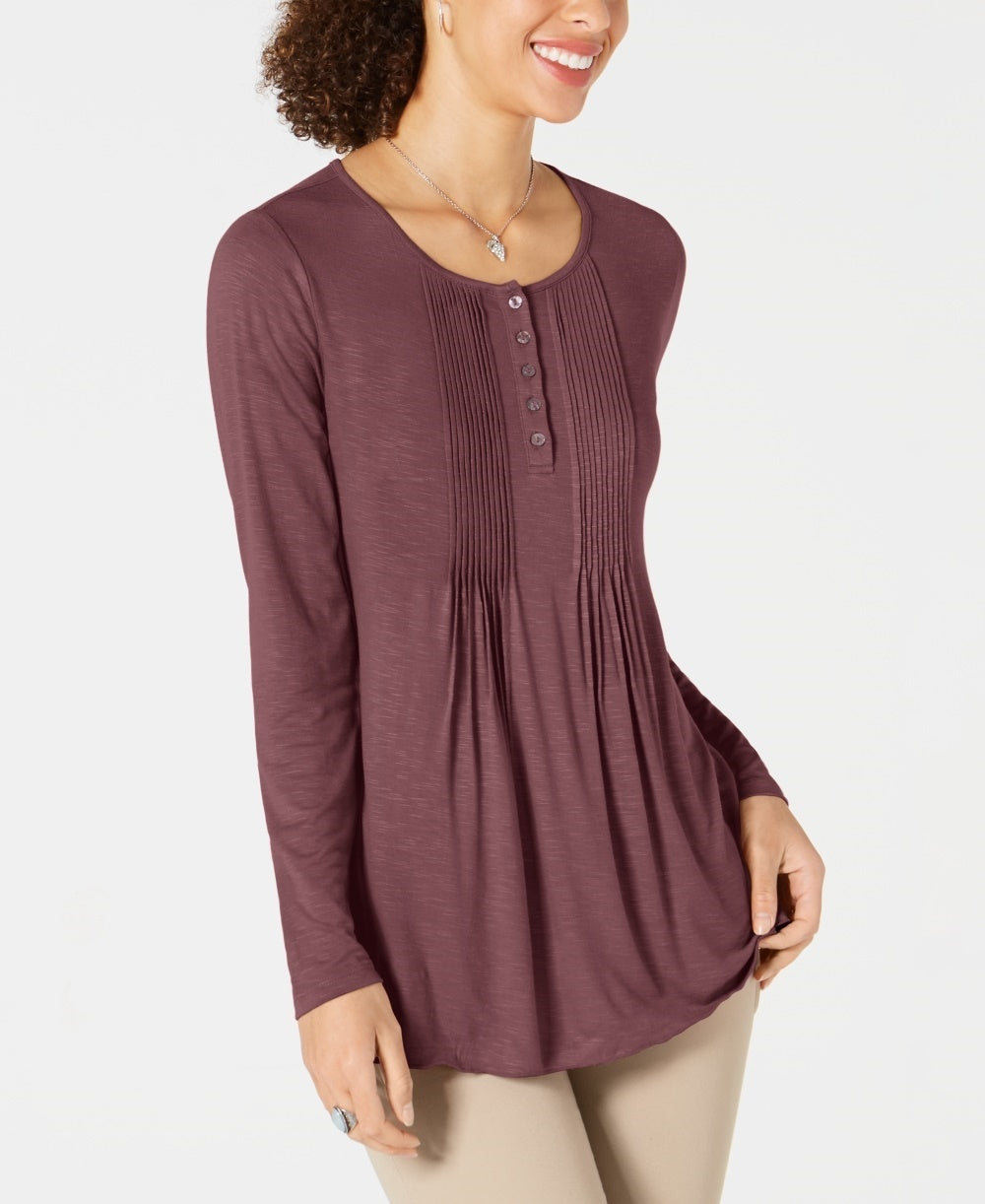Blusa feminina de manga comprida com pregas estilo &amp; co, roxa, tamanho pequeno