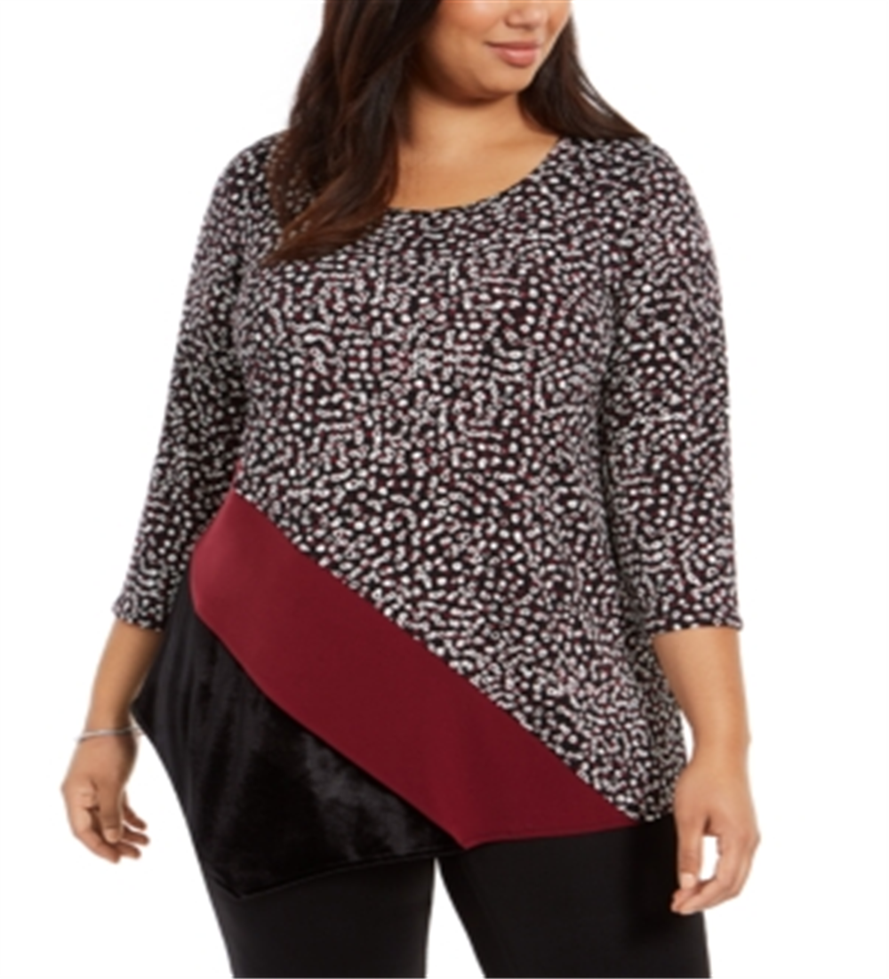 Blusa feminina Alfani estampada e assimétrica de veludo, preta/multicolorida, tamanho 0X