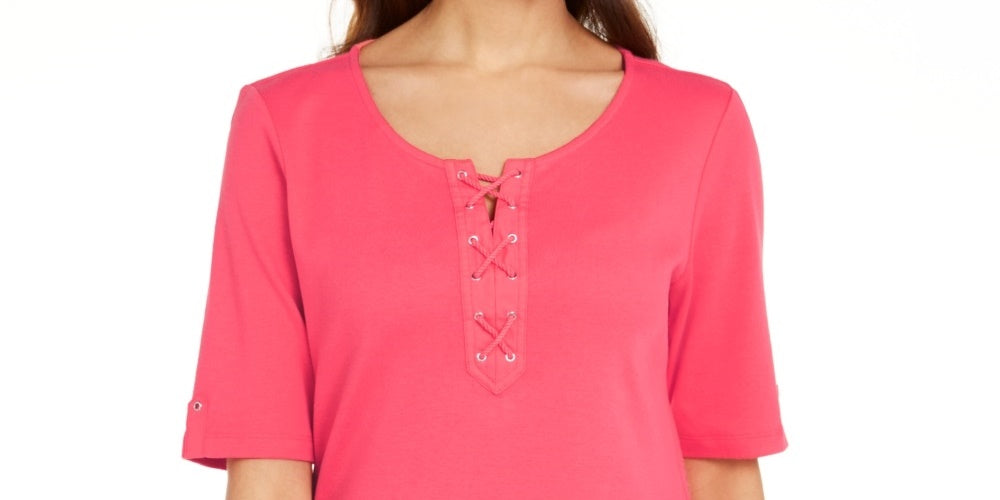 Karen Scott Blusa feminina de algodão com cadarço e mangas curtas, laranja, tamanho XS