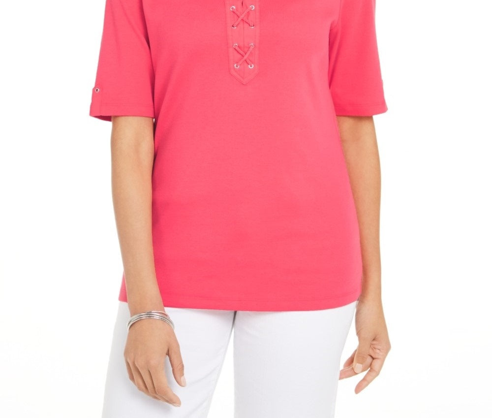 Karen Scott Blusa feminina de algodão com cadarço e mangas curtas, laranja, tamanho XS