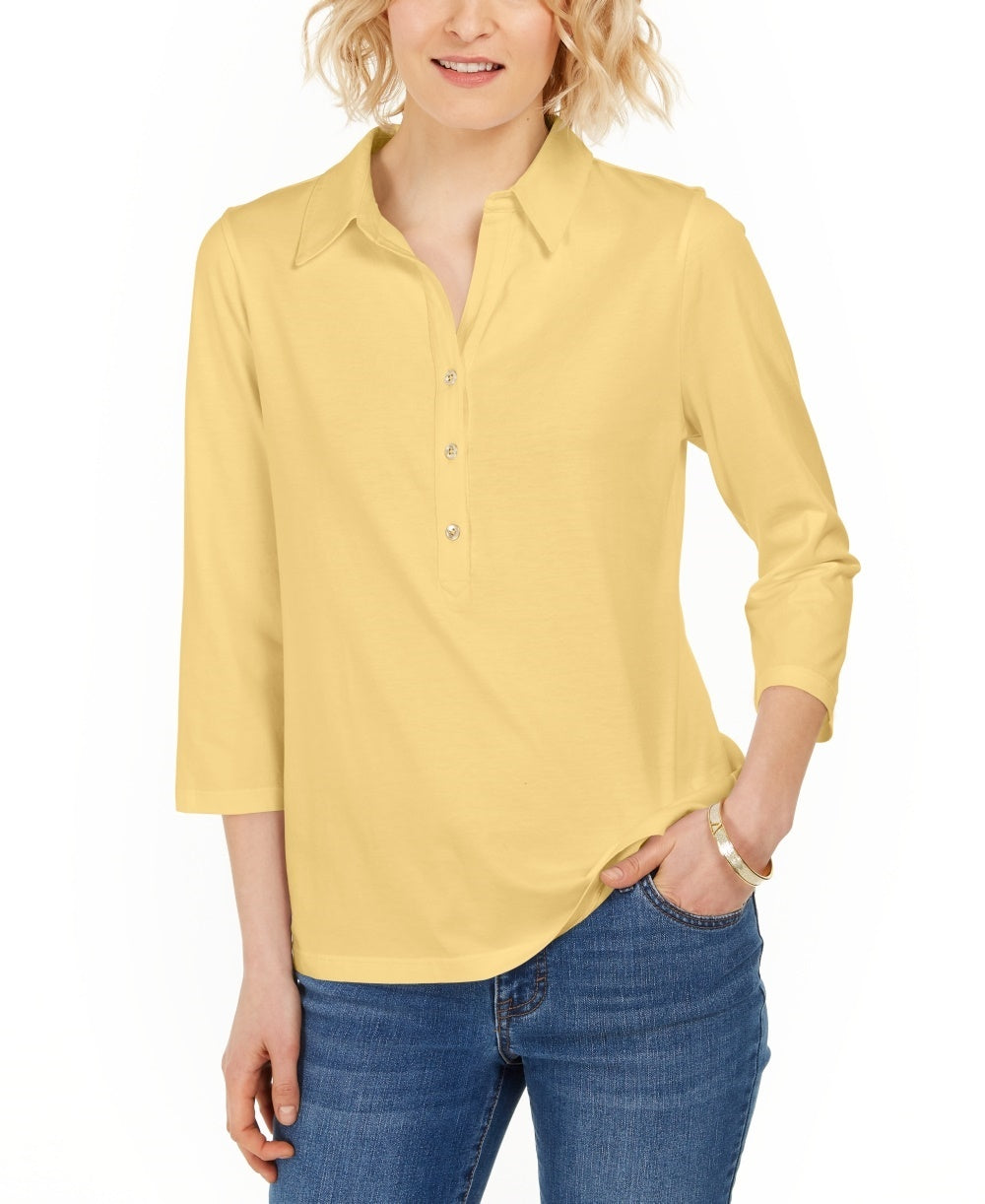 Camisa Polo Feminina Charter Club Supima Cotton Manga 3/4 Amarela Tamanho P