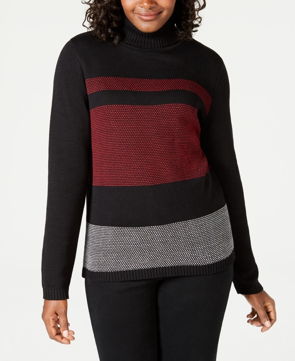 Karen Scott Suéter Feminino Petite Colorblock de Algodão Gola Alta Preto Tamanho Petite Médio