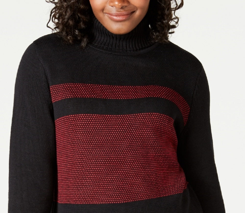 Karen Scott Suéter Feminino Petite Colorblock de Algodão Gola Alta Preto Tamanho Petite Médio