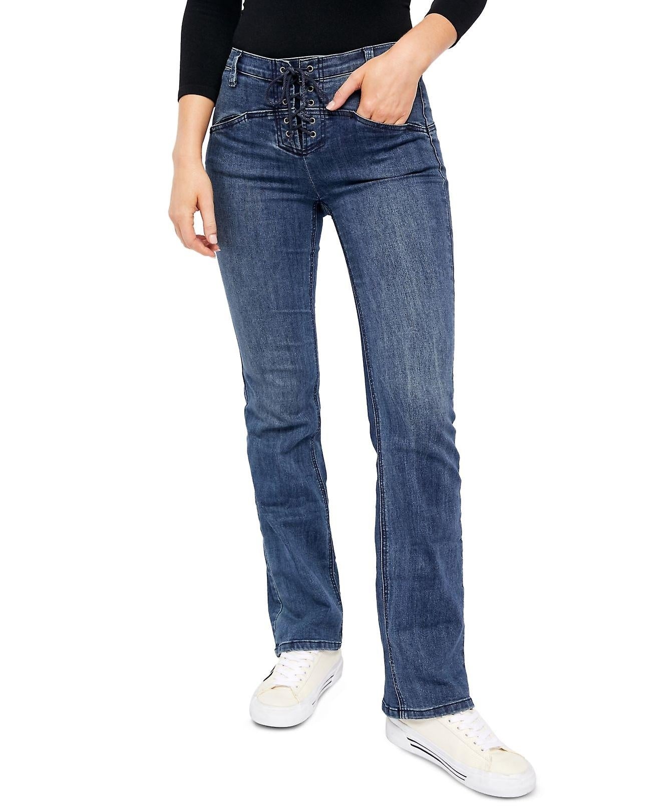 Calça jeans feminina Free People azul com cadarço e corte reto, stretch, azul marinho, tamanho 30