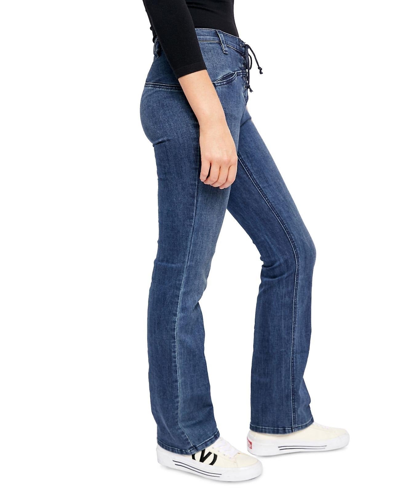 Calça jeans feminina Free People azul com cadarço e corte reto, stretch, azul marinho, tamanho 30
