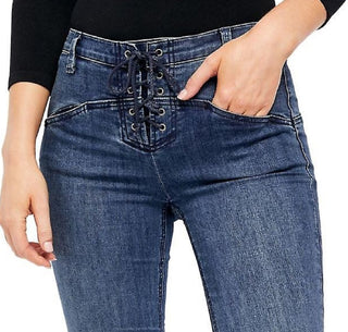 Calça jeans feminina Free People azul com cadarço e corte reto, stretch, azul marinho, tamanho 30