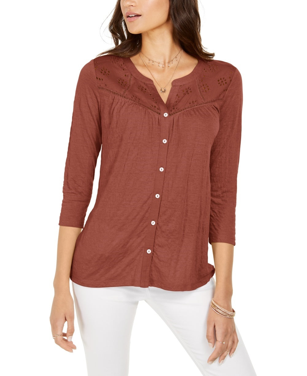 Blusa feminina com botões e ilhós estilo &amp; co, marrom, tamanho médio