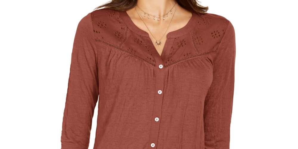 Blusa feminina com botões e ilhós estilo &amp; co, marrom, tamanho médio