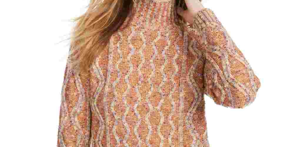 Kit + Sky Suéter feminino laranja estampado, manga comprida, gola alta, laranja, tamanho extragrande