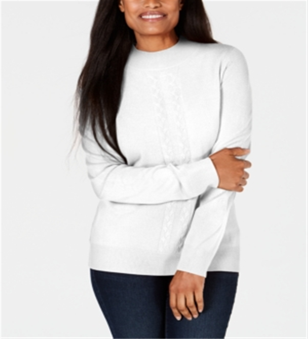 Karen Scott Suéter feminino de tricô com gola redonda, branco, tamanho pequeno P/M