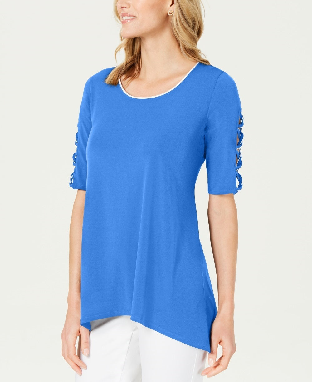 Túnica feminina JM Collection Petite com manga trançada, azul, pequena e pequena