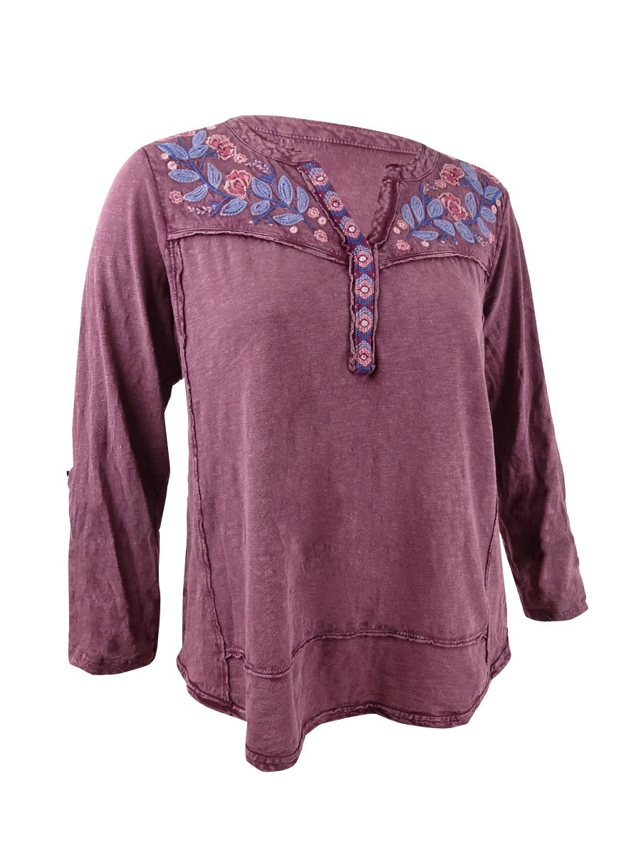 Blusa feminina bordada de algodão estilo &amp; co, roxa, tamanho pequeno M