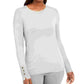 Suéter feminino JM Collection com punho de botão e gola redonda, tamanho médio, branco