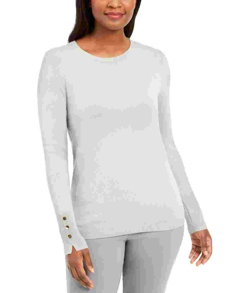 Suéter feminino JM Collection com punho de botão e gola redonda, tamanho médio, branco