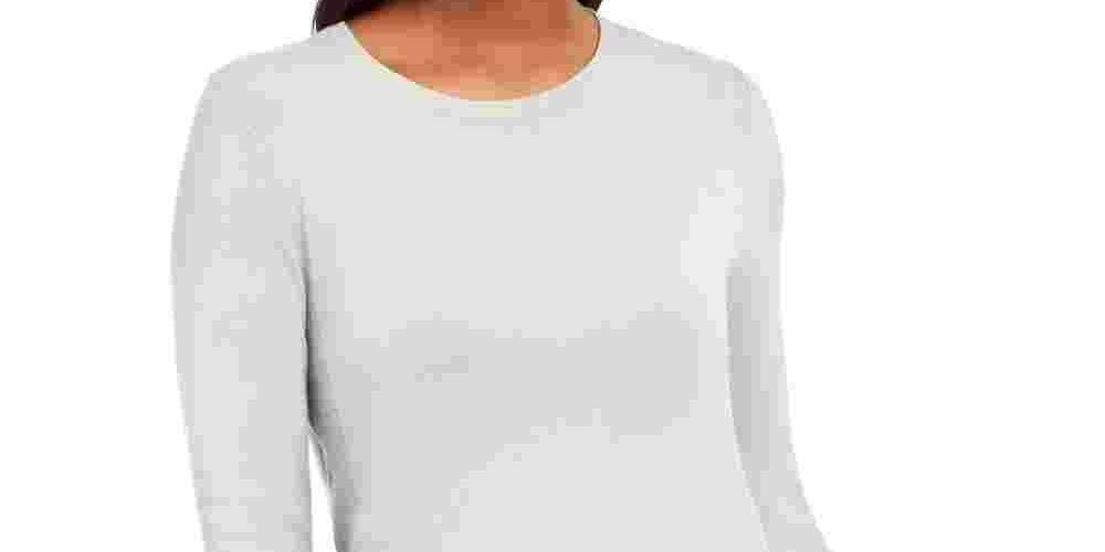 Suéter feminino JM Collection com punho de botão e gola redonda, tamanho médio, branco