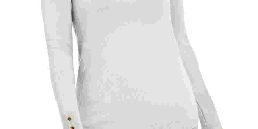 Suéter feminino JM Collection com punho de botão e gola redonda, tamanho médio, branco