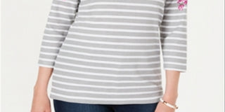 Karen Scott Blusa Feminina Listrada Floral Gola Canoa Azul Marinho Floral Tamanho Pequeno P