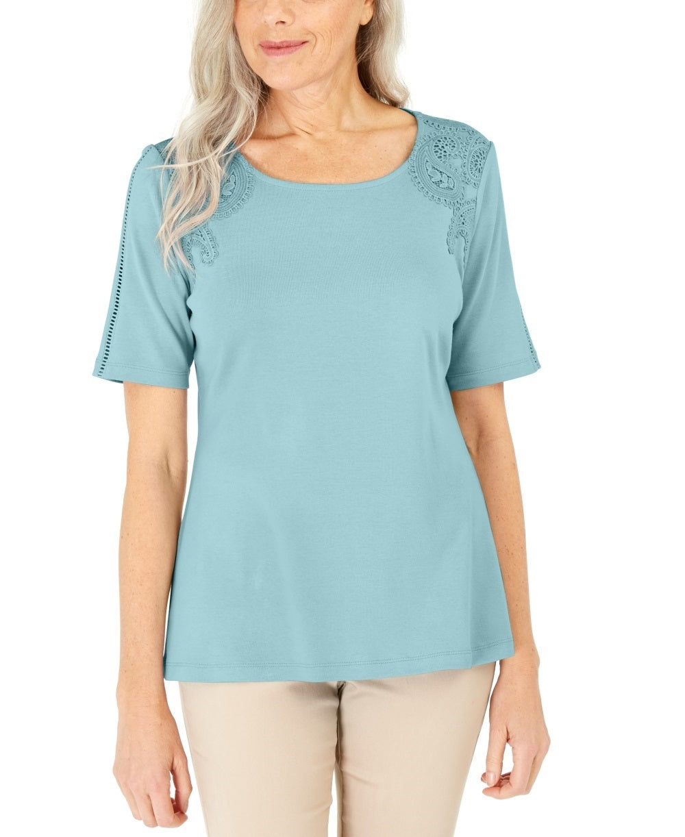 Blusa de crochê de algodão feminina Karen Scott, azul, tamanho extrapequeno