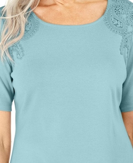 Blusa de crochê de algodão feminina Karen Scott, azul, tamanho extrapequeno
