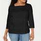 Karen Scott Blusa feminina de renda com decote quadrado e manga 3/4, preta, tamanho pequeno P/M