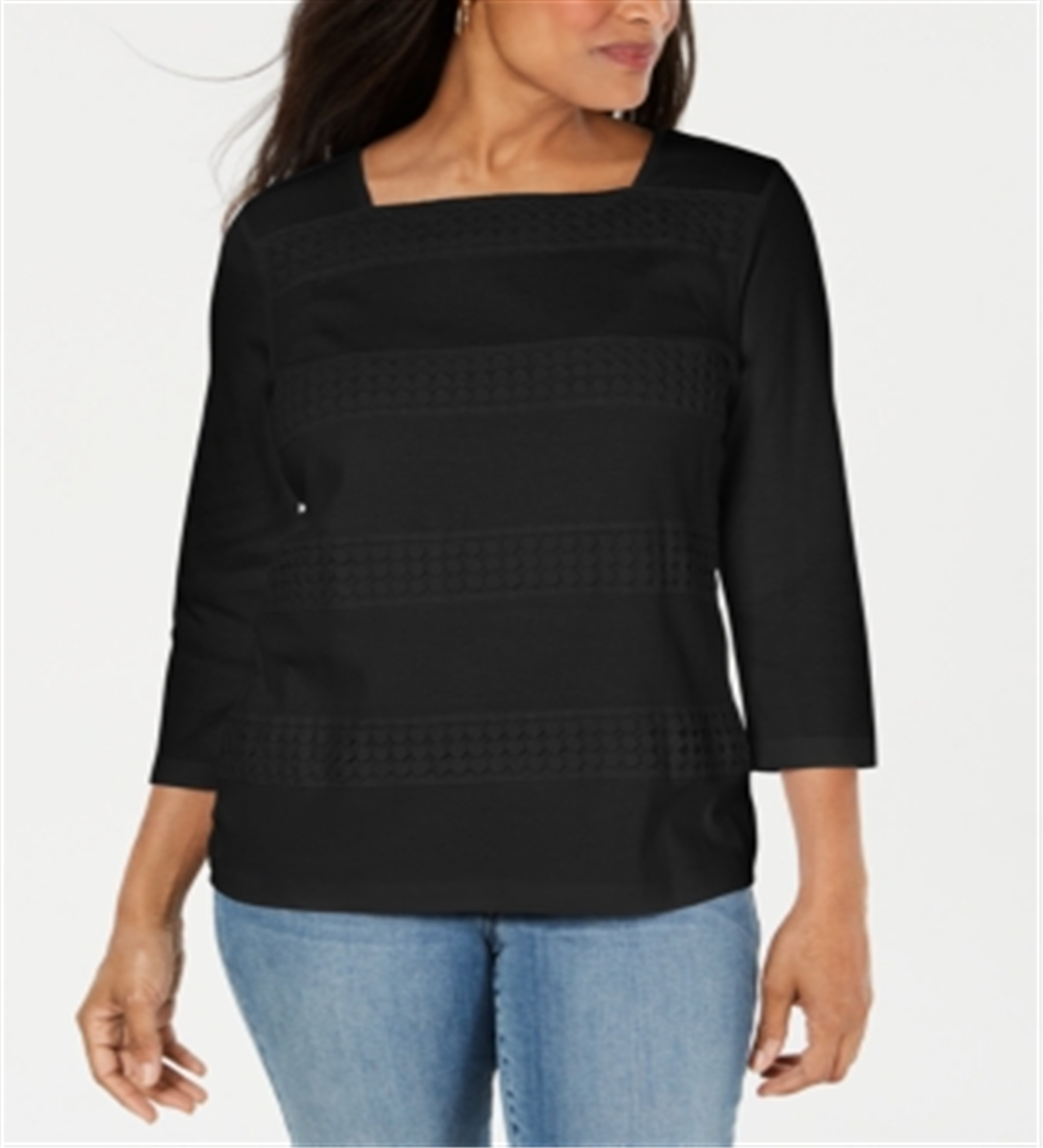 Karen Scott Blusa feminina de renda com decote quadrado e manga 3/4, preta, tamanho pequeno P/M