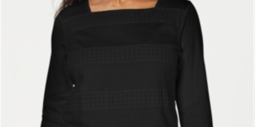 Karen Scott Blusa feminina de renda com decote quadrado e manga 3/4, preta, tamanho pequeno P/M