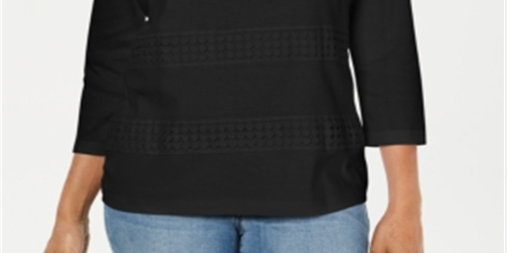 Karen Scott Blusa feminina de renda com decote quadrado e manga 3/4, preta, tamanho pequeno P/M