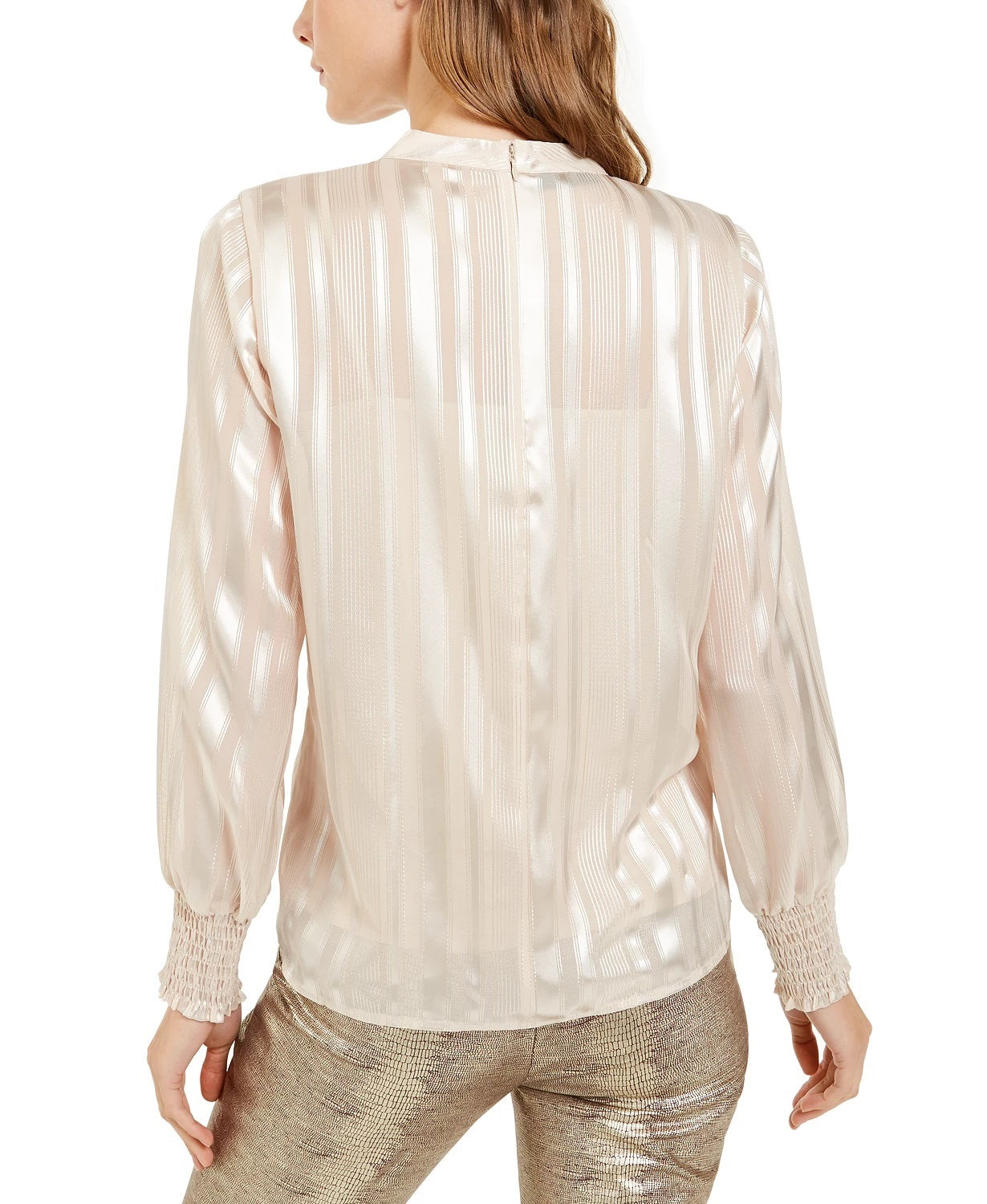 Blusa feminina Alfani com decote falso e punho franzido, bege, tamanho pequeno grande