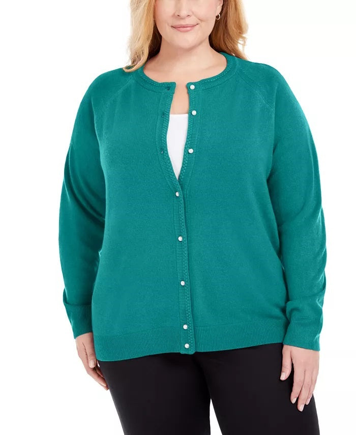 Karen Scott Cardigan Feminino Luxsoft Pearl Button Azul Tamanho 3X