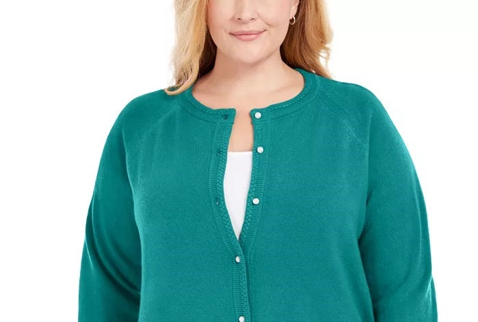 Karen Scott Cardigan Feminino Luxsoft Pearl Button Azul Tamanho 3X