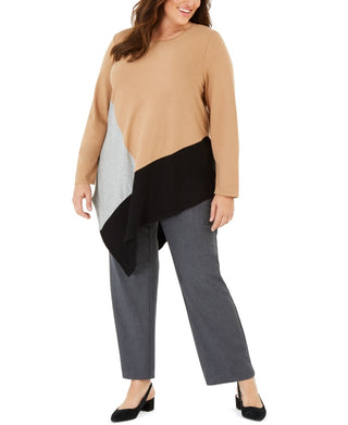 Suéter assimétrico Alfani feminino com blocos de cores bege, tamanho 0X