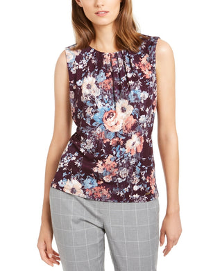 Blusa Calvin Klein Feminina Estampada Floral Plissada Roxa Tamanho P