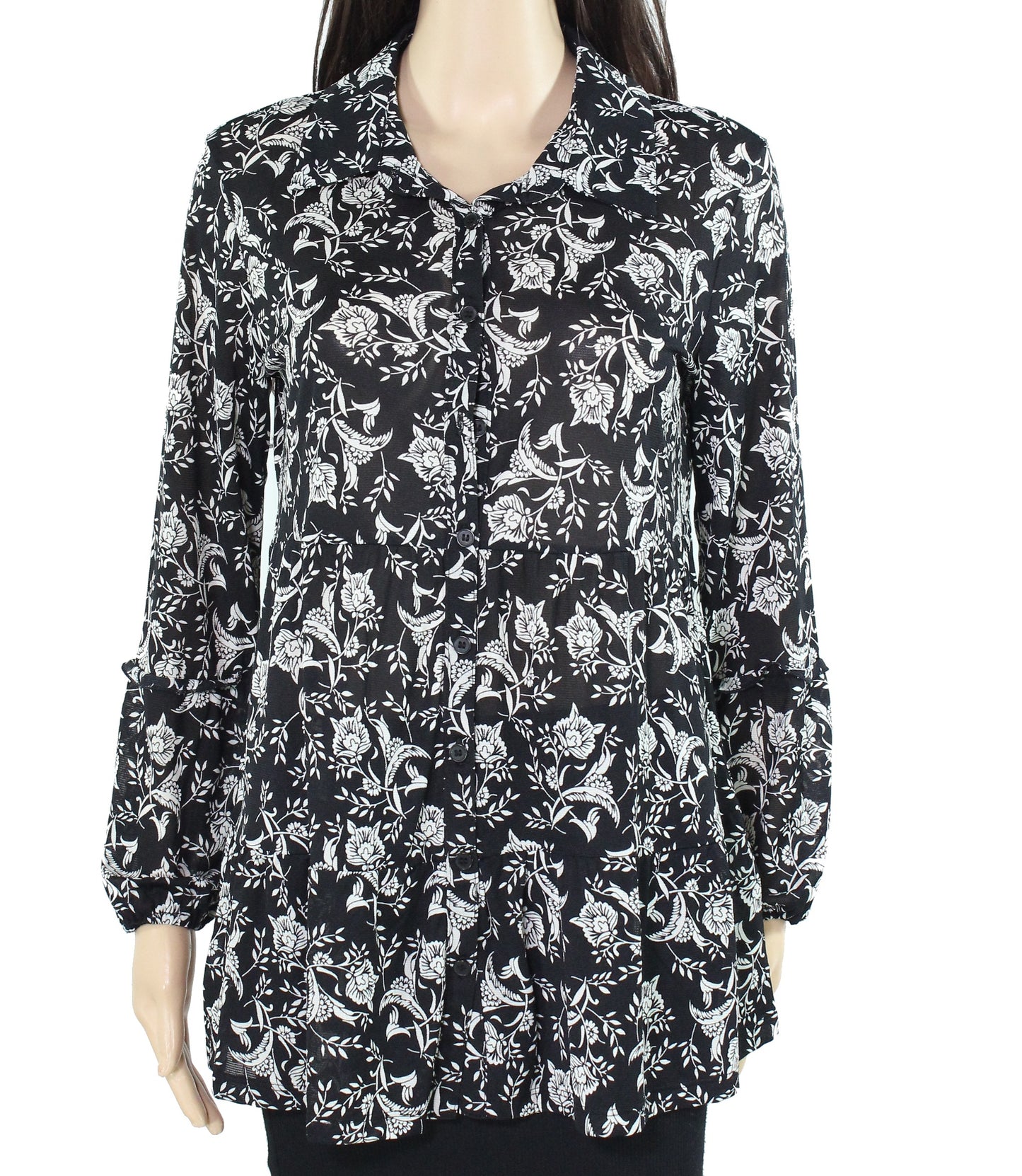Blusa feminina Style &amp; Co com botões frontais, preta, tamanho pequeno, médio