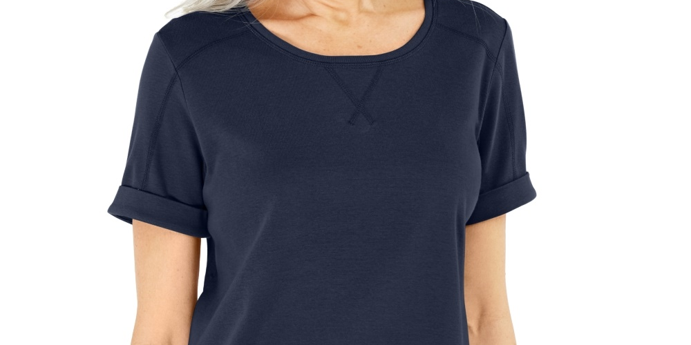 Blusa feminina Karen Scott de algodão com pesponto azul, tamanho X-S