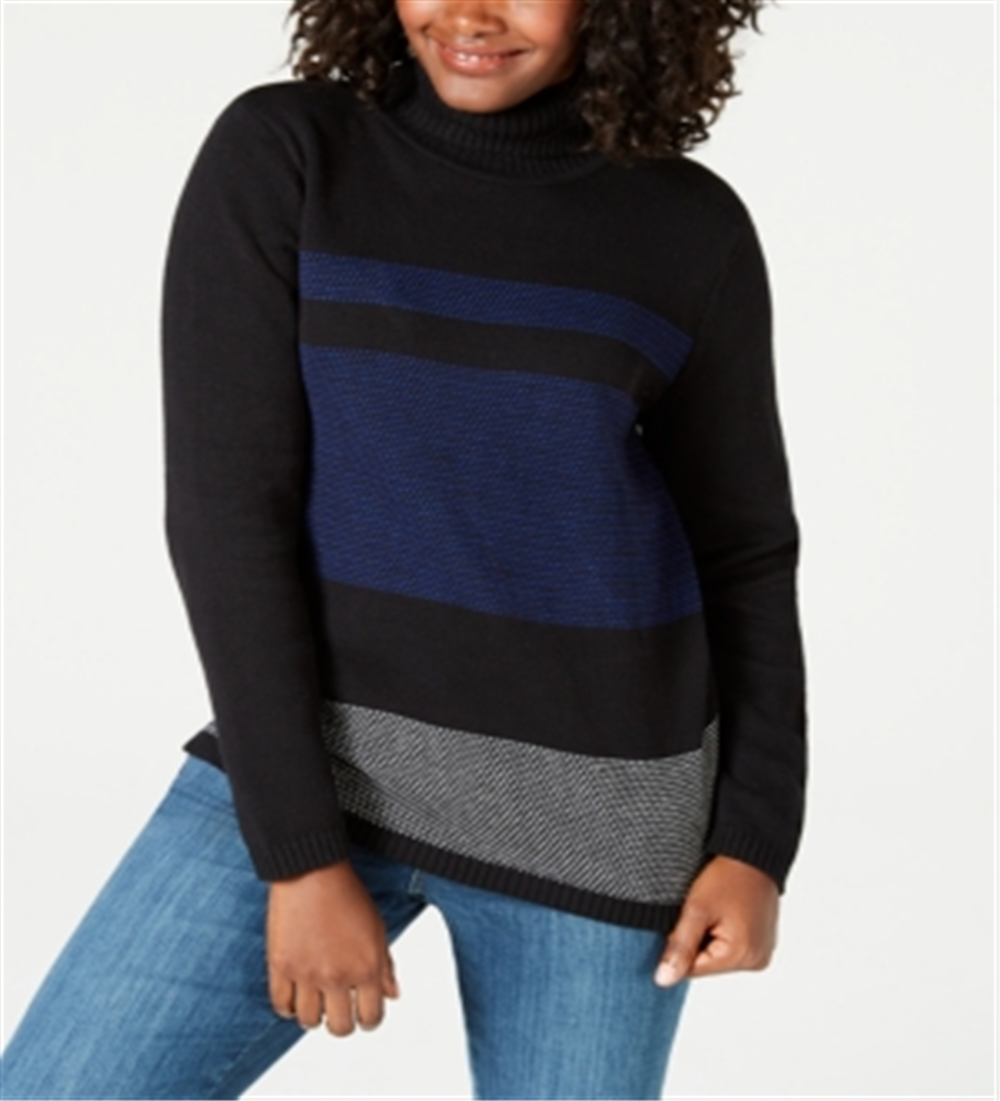 Karen Scott Suéter Feminino de Algodão com Gola Alta Colorblock Azul-Preto Tamanho Pequeno GG