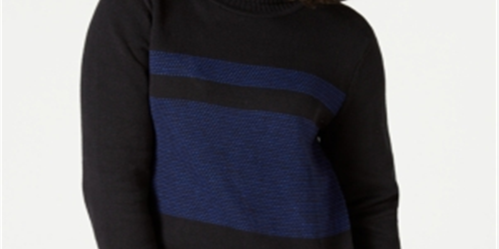 Karen Scott Suéter Feminino de Algodão com Gola Alta Colorblock Azul-Preto Tamanho Pequeno GG