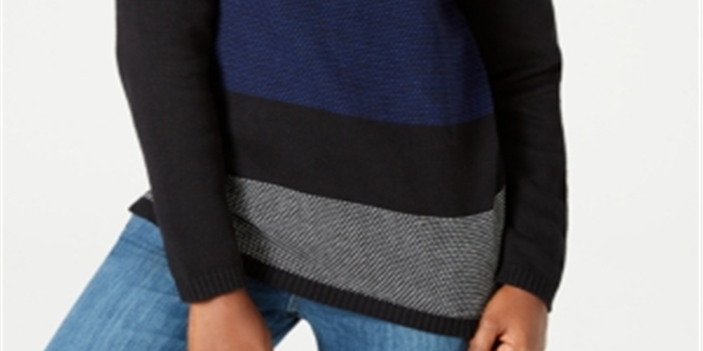 Karen Scott Suéter Feminino de Algodão com Gola Alta Colorblock Azul-Preto Tamanho Pequeno GG