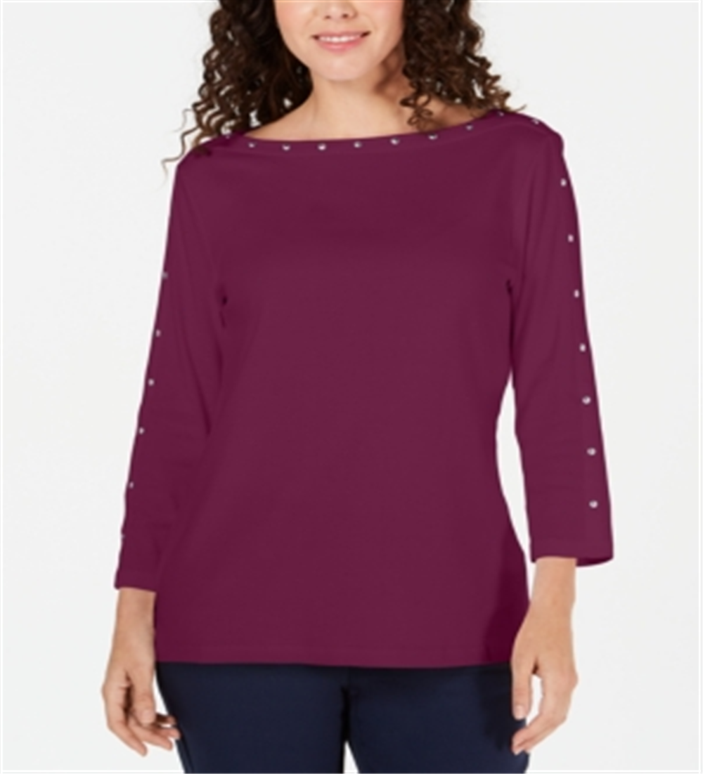 Karen Scott Blusa feminina de algodão com decote canoa e tachas, roxa, tamanho pequeno P/M