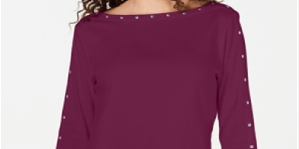 Karen Scott Blusa feminina de algodão com decote canoa e tachas, roxa, tamanho pequeno P/M